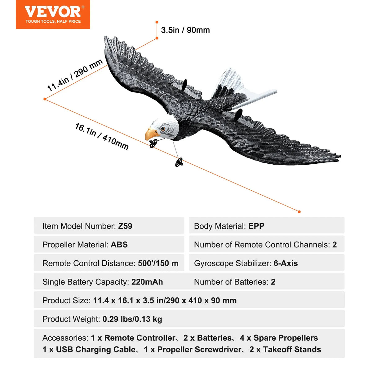 VEVOR RC Plane 2.4 GHz 2 Channel Eagle Glider with 6 Axis Gyroscope and 2 Batteries for Kids