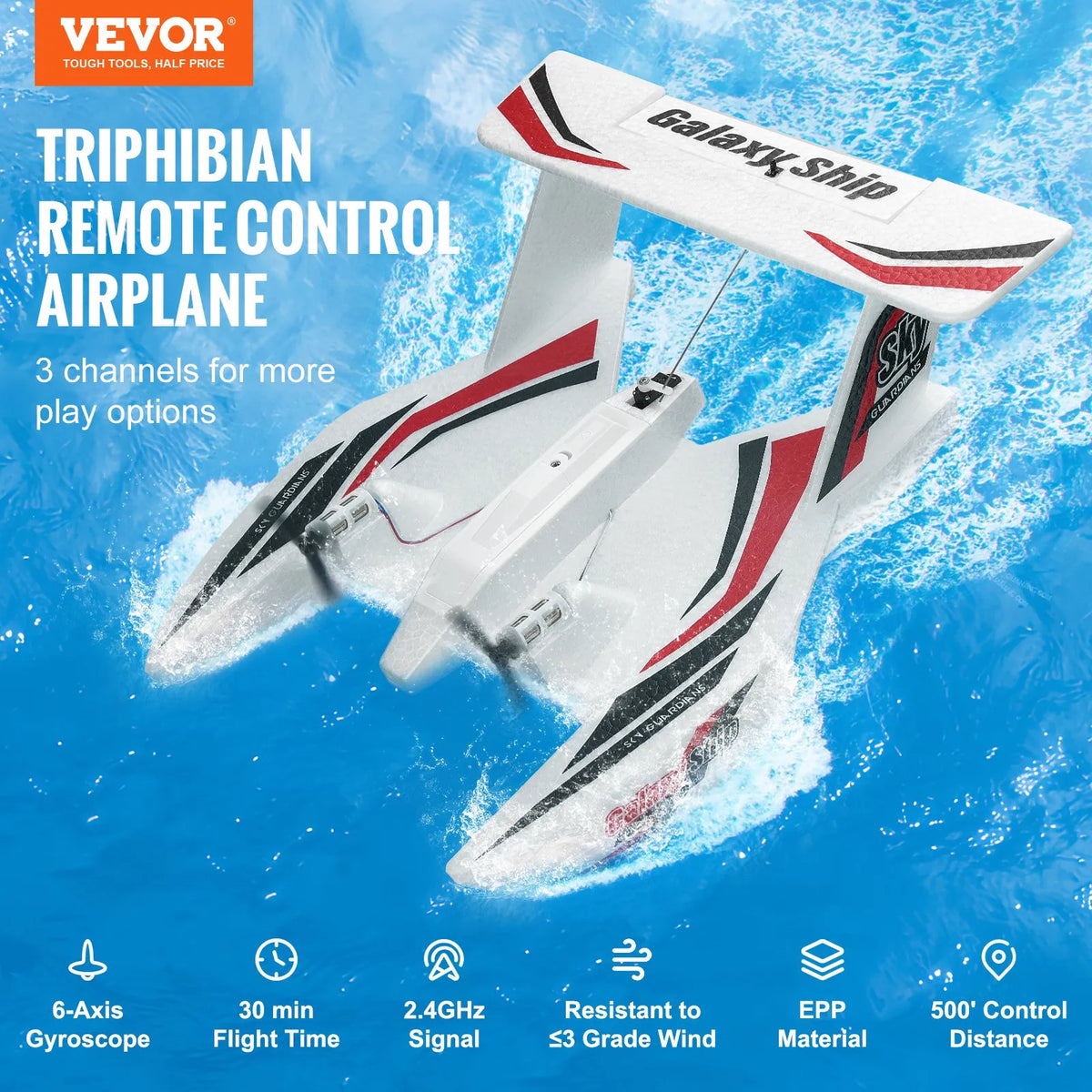 VEVOR RC Amphibian Plane 2.4 GHz 3-Channel with 6-Axis Gyroscope and 2 Batteries