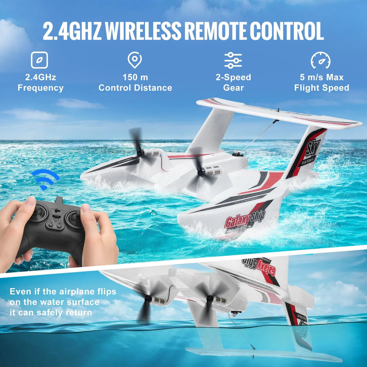 VEVOR RC Amphibian Plane 2.4 GHz 3-Channel with 6-Axis Gyroscope and 2 Batteries