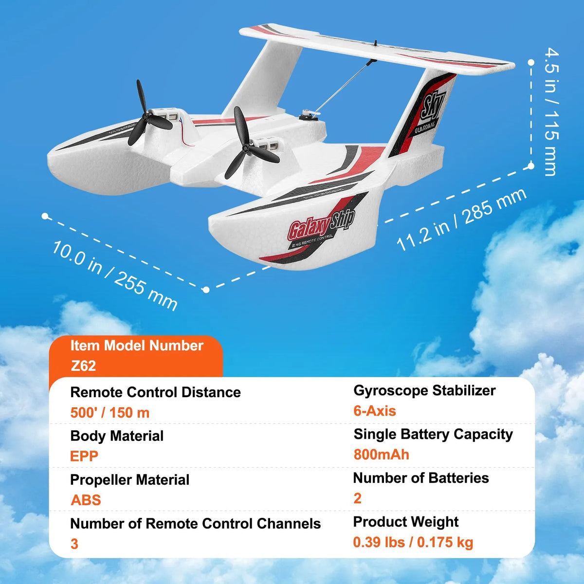 VEVOR RC Amphibian Plane 2.4 GHz 3-Channel with 6-Axis Gyroscope and 2 Batteries