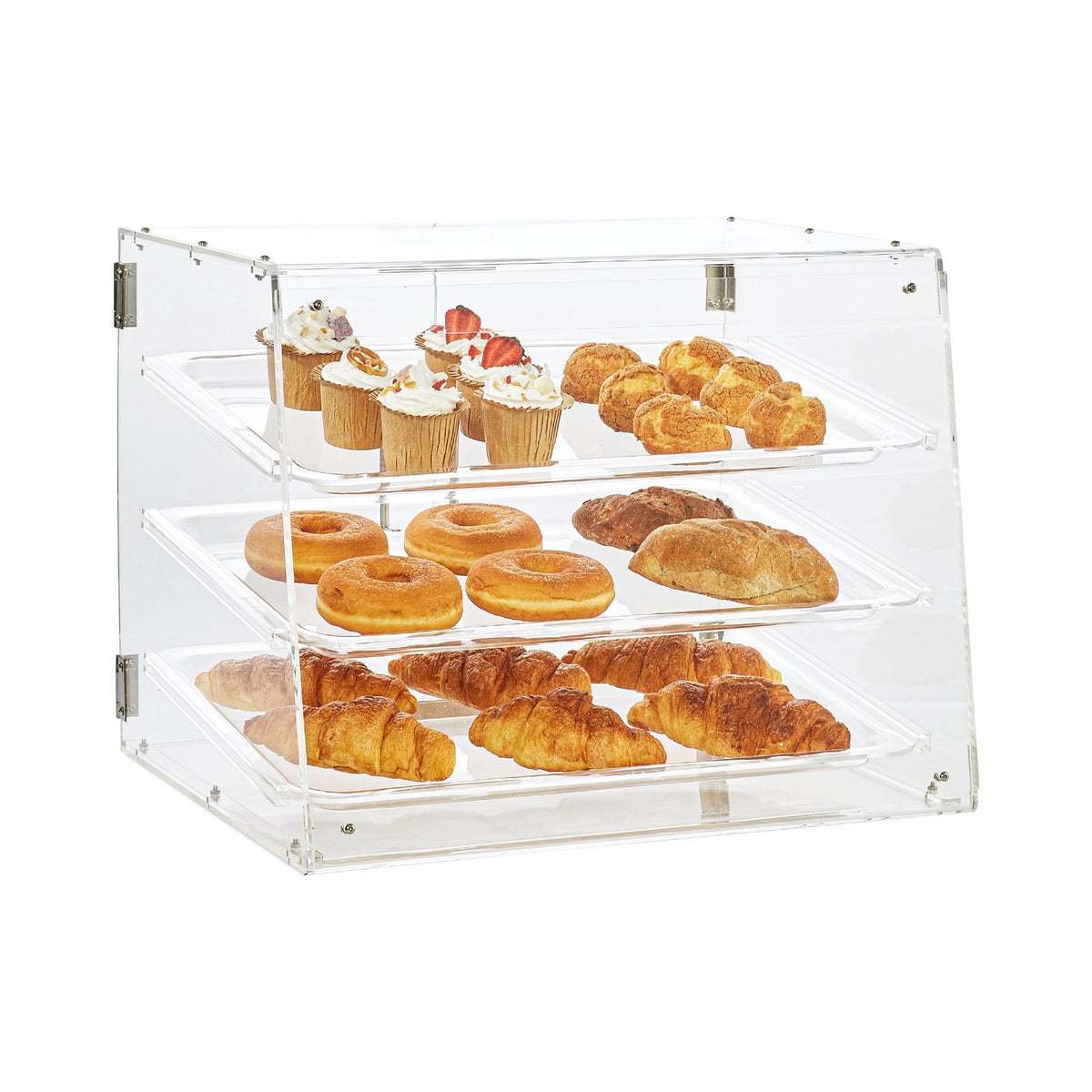 VEVOR 3 līmeņu komerciāla konditorejas izstādes kaste konditorejas izstrādājumiem ar aizmugurējo piekļuvi un noņemamām plauktiem, 52,6 x 36,1 x 41,4 cm