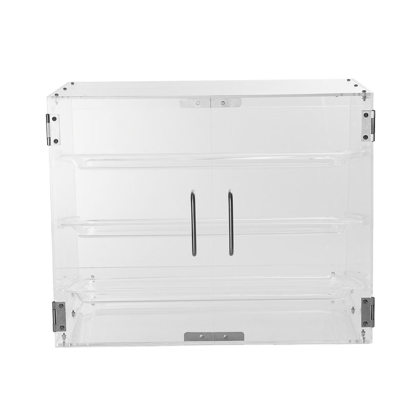 VEVOR konditorejas vitrīna, 3 līmeņu komerciāla galda virsmas vitrīna, akrila korpuss ar aizmugurējām durvīm un noņemamiem plauktiem, paredzēta virtuļiem, beigeliem, kūkām un cepumiem, izmēri 526 × 361 × 414 mm