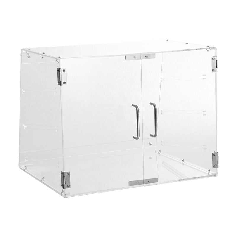 VEVOR konditorejas vitrīna, 3 līmeņu komerciāla galda virsmas vitrīna, akrila korpuss ar aizmugurējām durvīm un noņemamiem plauktiem, paredzēta virtuļiem, beigeliem, kūkām un cepumiem, izmēri 526 × 361 × 414 mm