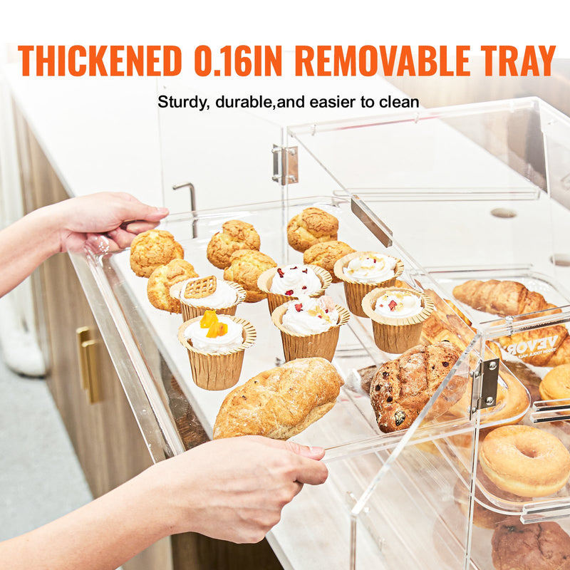 VEVOR konditorejas vitrīna, 3 līmeņu komerciāla galda virsmas vitrīna, akrila korpuss ar aizmugurējām durvīm un noņemamiem plauktiem, paredzēta virtuļiem, beigeliem, kūkām un cepumiem, izmēri 526 × 361 × 414 mm