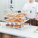 VEVOR konditorejas vitrīna, 3 līmeņu komerciāla galda virsmas vitrīna, akrila korpuss ar aizmugurējām durvīm un noņemamiem plauktiem, paredzēta virtuļiem, beigeliem, kūkām un cepumiem, izmēri 526 × 361 × 414 mm