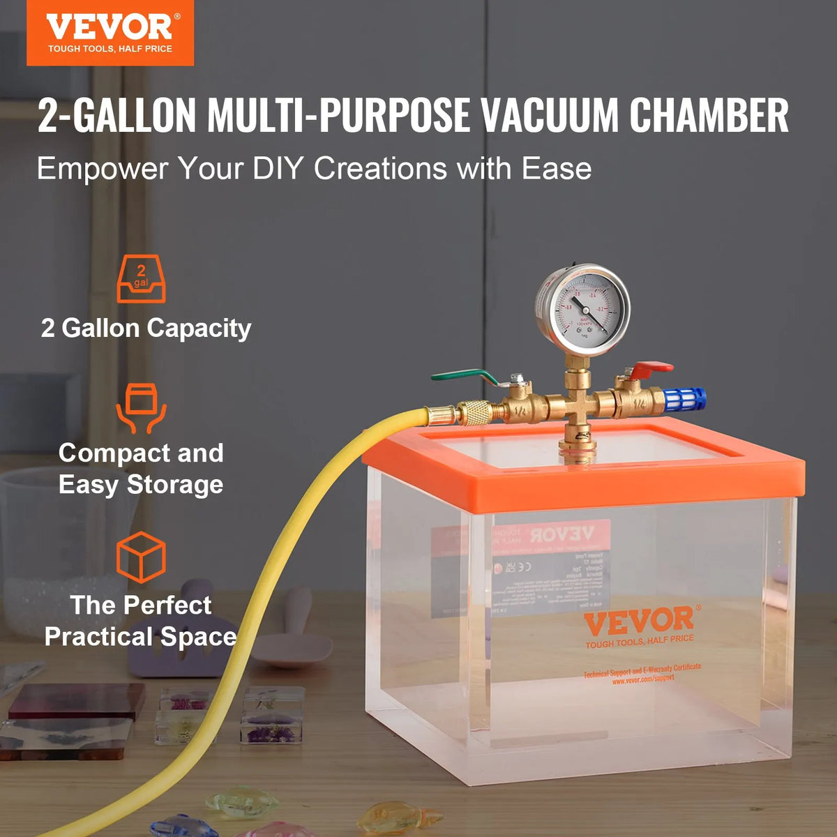 VEVOR 7.6 L Vacuum Chamber, Advanced Multifunctional Acrylic Vacuum Degassing Chamber with Transparent Housing, Designed for Resin, Silicone Gel and Plaster Degassing and Vacuum Extraction