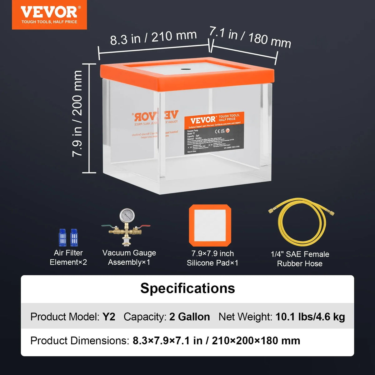 VEVOR 7.6 L Vacuum Chamber, Advanced Multifunctional Acrylic Vacuum Degassing Chamber with Transparent Housing, Designed for Resin, Silicone Gel and Plaster Degassing and Vacuum Extraction