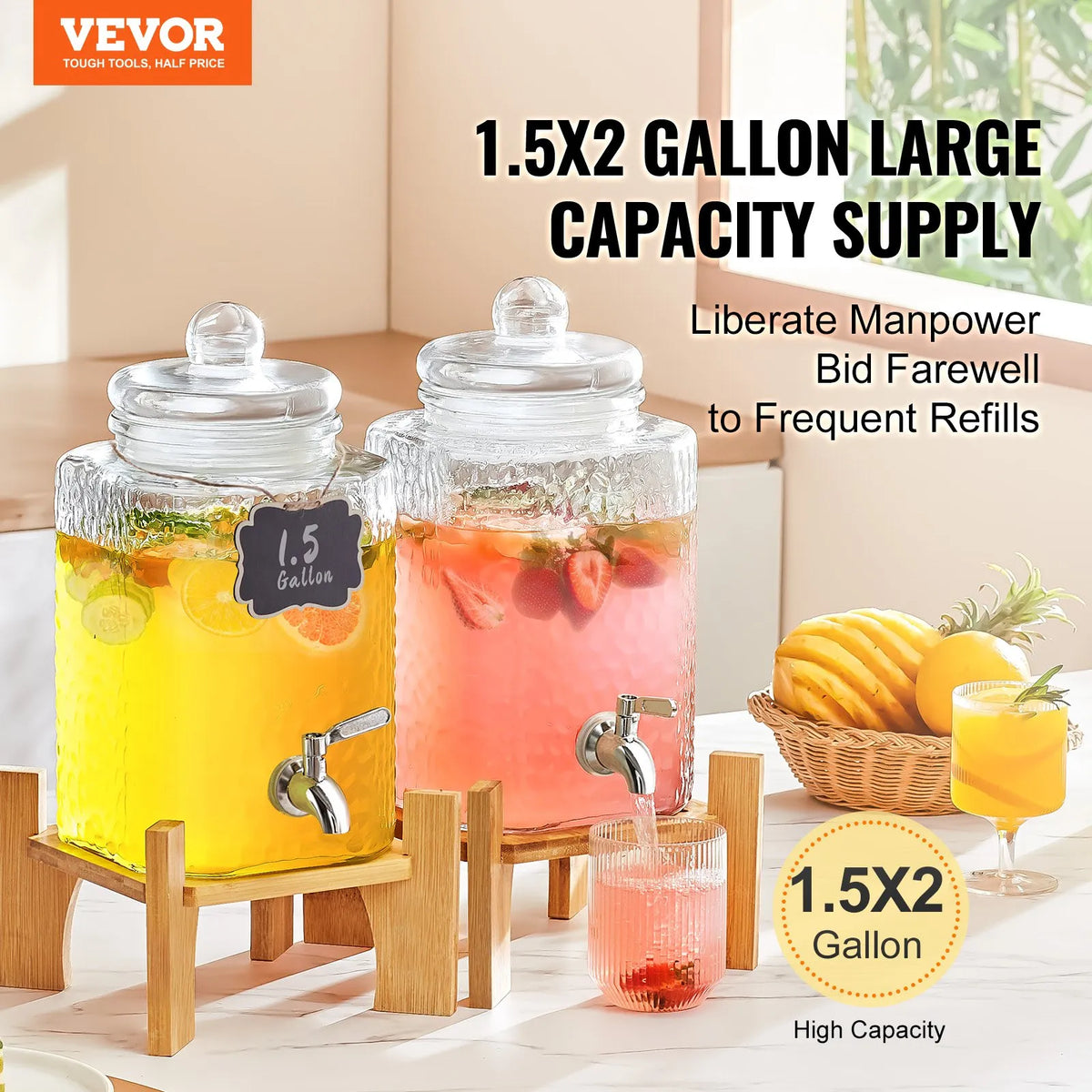 VEVOR Glass Beverage Dispenser 5.68 l with Stand and Stainless Steel Tap, for Restaurants and Events