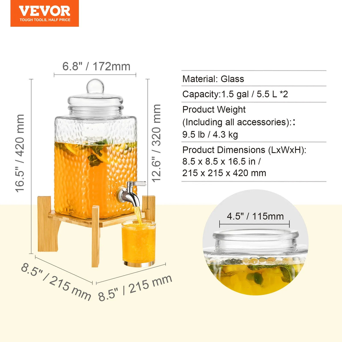 VEVOR Glass Beverage Dispenser 5.68 l with Stand and Stainless Steel Tap, for Restaurants and Events
