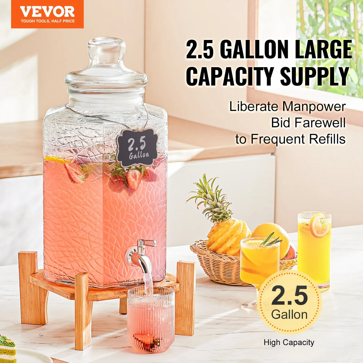 VEVOR Glass Beverage Dispenser 9.46 L with Stand and Stainless Steel Tap