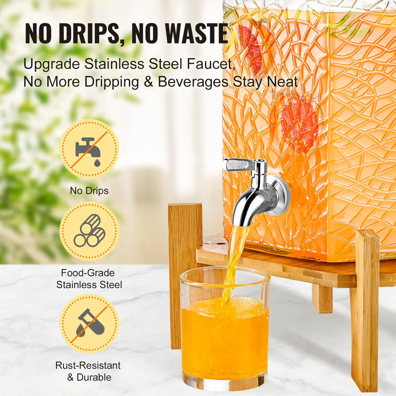 VEVOR dzērienu dozators, 9,46 L stikla sulas trauks ar statīvu, nerūsējošā tērauda krāns, piemērots tējai, limonādei, sulai un ūdenim restorāniem, viesnīcām un pasākumiem