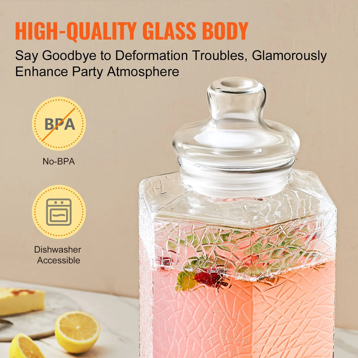 VEVOR Glass Beverage Dispenser 9.46 L with Stand and Stainless Steel Tap