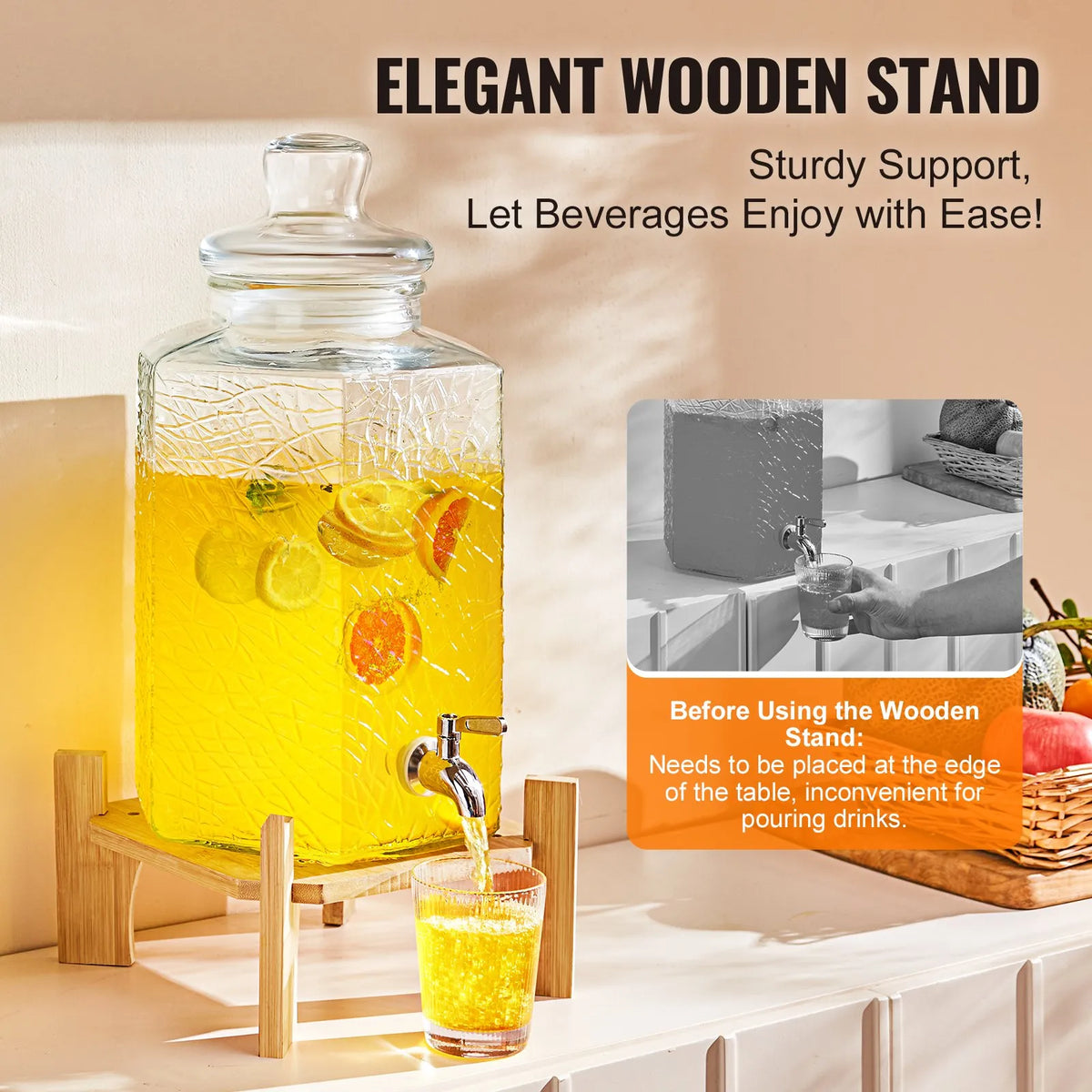 VEVOR Glass Beverage Dispenser 9.46 L with Stand and Stainless Steel Tap