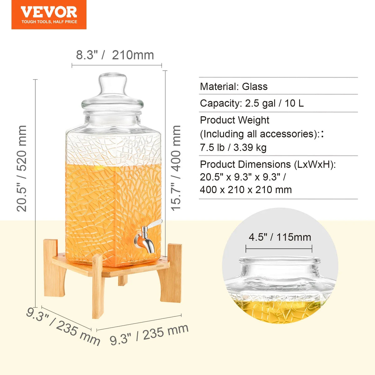 VEVOR Glass Beverage Dispenser 9.46 L with Stand and Stainless Steel Tap