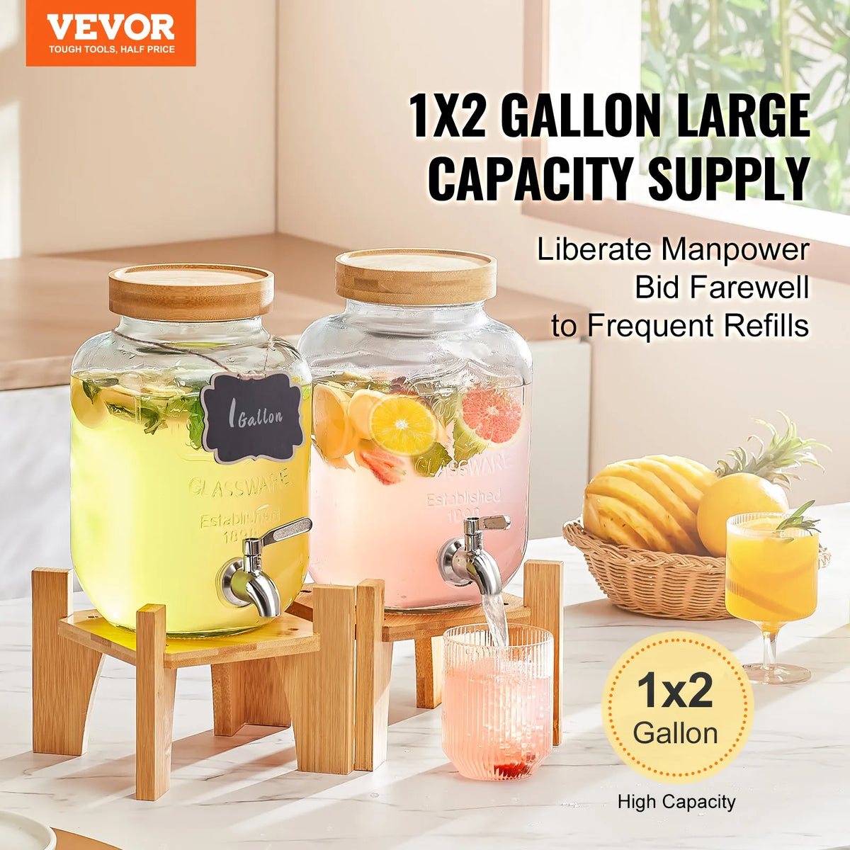 VEVOR Glass Beverage Dispenser 3.8 l with Stand and Stainless Steel Tap