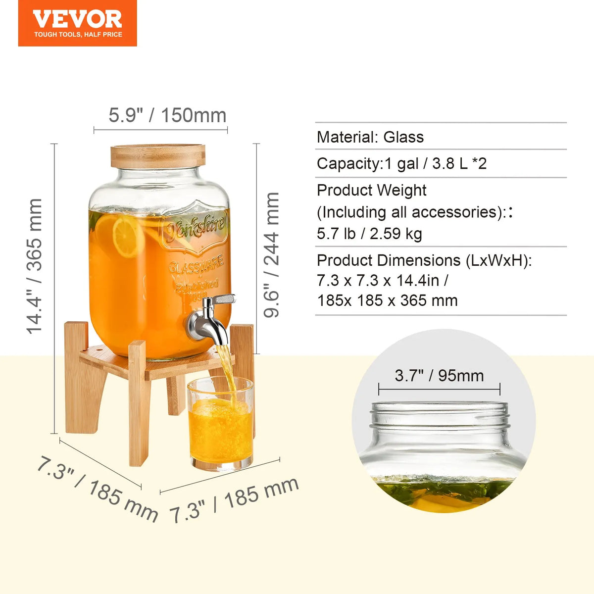 VEVOR Glass Beverage Dispenser 3.8 l with Stand and Stainless Steel Tap