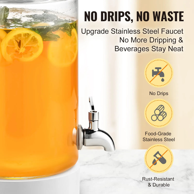 VEVOR stikla dzērienu dozators ar nerūsējošā tērauda krānu, 3,8 L tilpums, piemērots sulām, limonādei, ledus tējai, ūdenim; piemērots restorāniem, viesnīcām un pasākumiem
