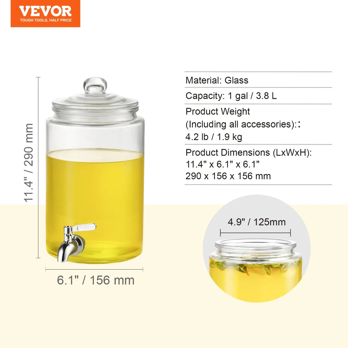 VEVOR стеклянный диспенсер для напитков 3,8 л с краном из нержавеющей стали, для сока и лимонада