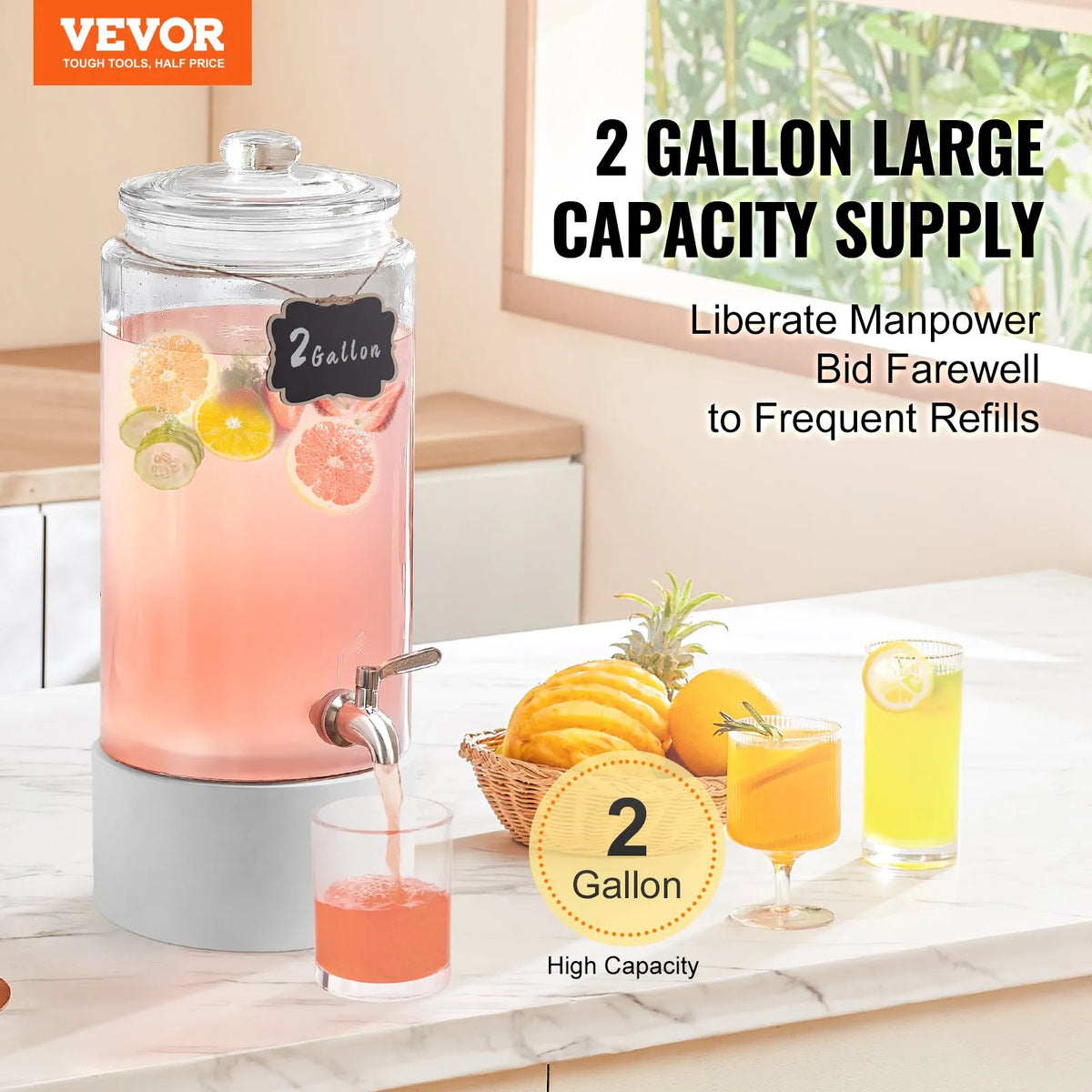 VEVOR Glass Beverage Dispenser 7.57 l with Stainless Steel Tap, for Juice and Lemonade