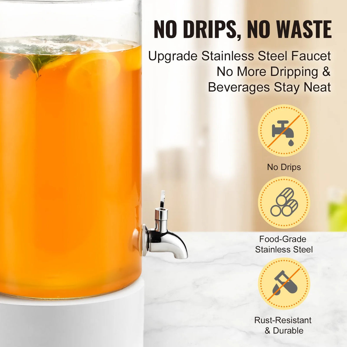 VEVOR Glass Beverage Dispenser 7.57 l with Stainless Steel Tap, for Juice and Lemonade