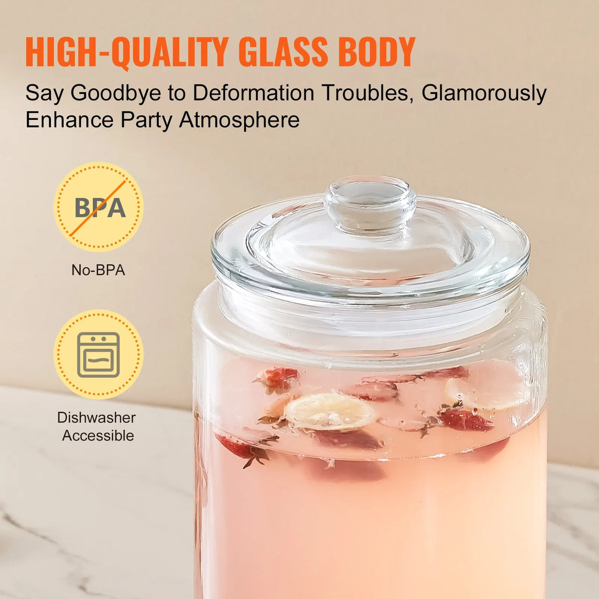 VEVOR Glass Beverage Dispenser 7.57 l with Stainless Steel Tap, for Juice and Lemonade
