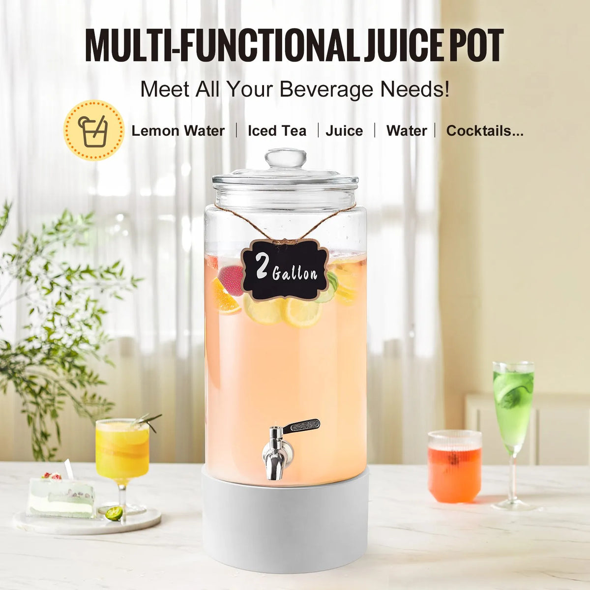 VEVOR Glass Beverage Dispenser 7.57 l with Stainless Steel Tap, for Juice and Lemonade