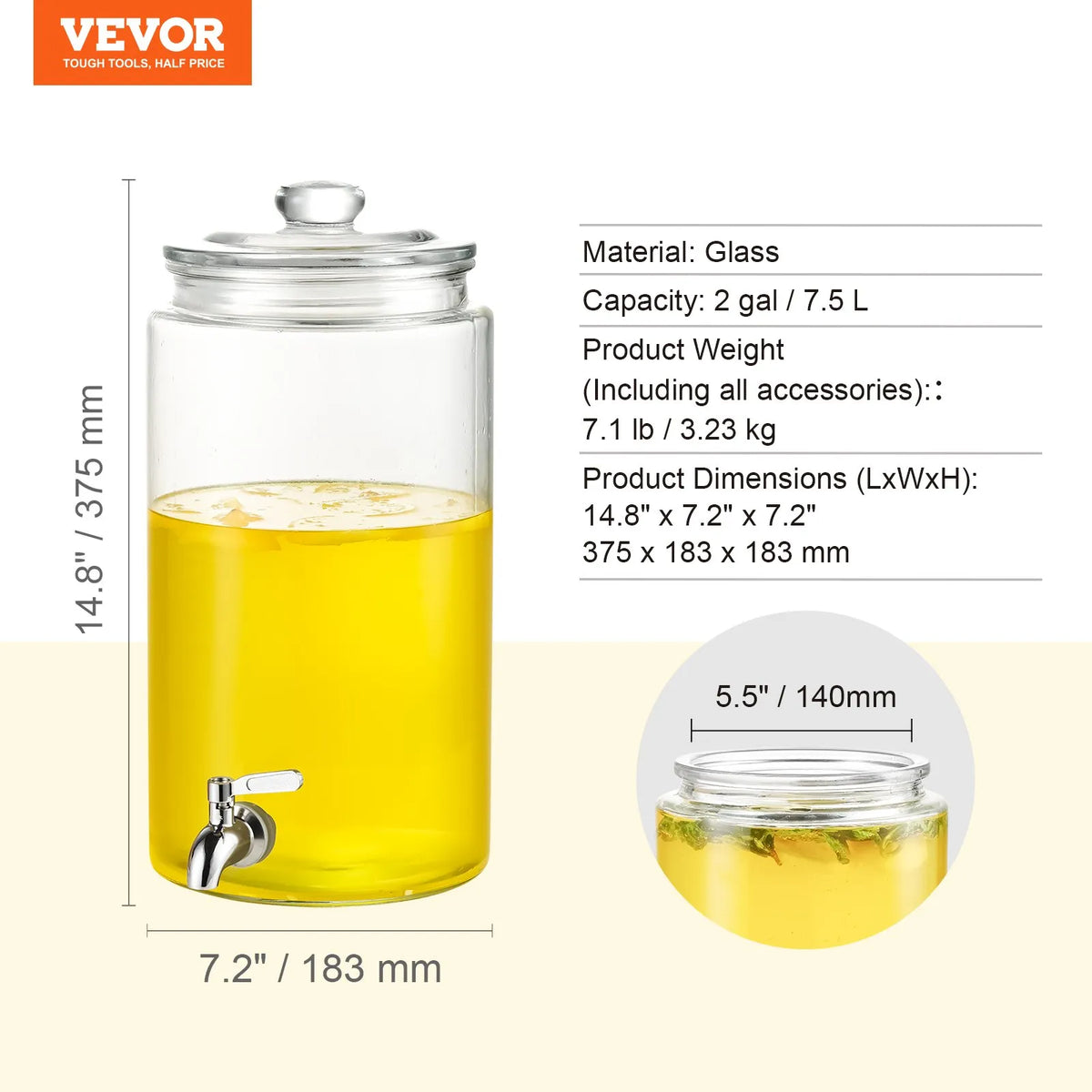 VEVOR Glass Beverage Dispenser 7.57 l with Stainless Steel Tap, for Juice and Lemonade