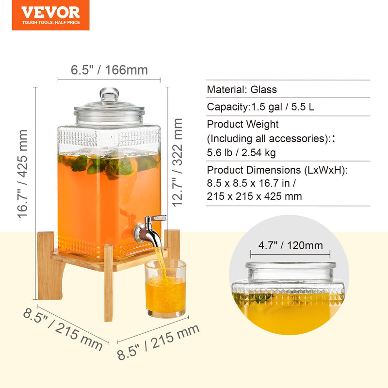 VEVOR dzērienu dozators, 5,7 L stikla tvertne ar statīvu, nerūsējošā tērauda krāns, piemērots sulām, ledus tējai, limonādei, ūdenim, restorāniem un pasākumiem