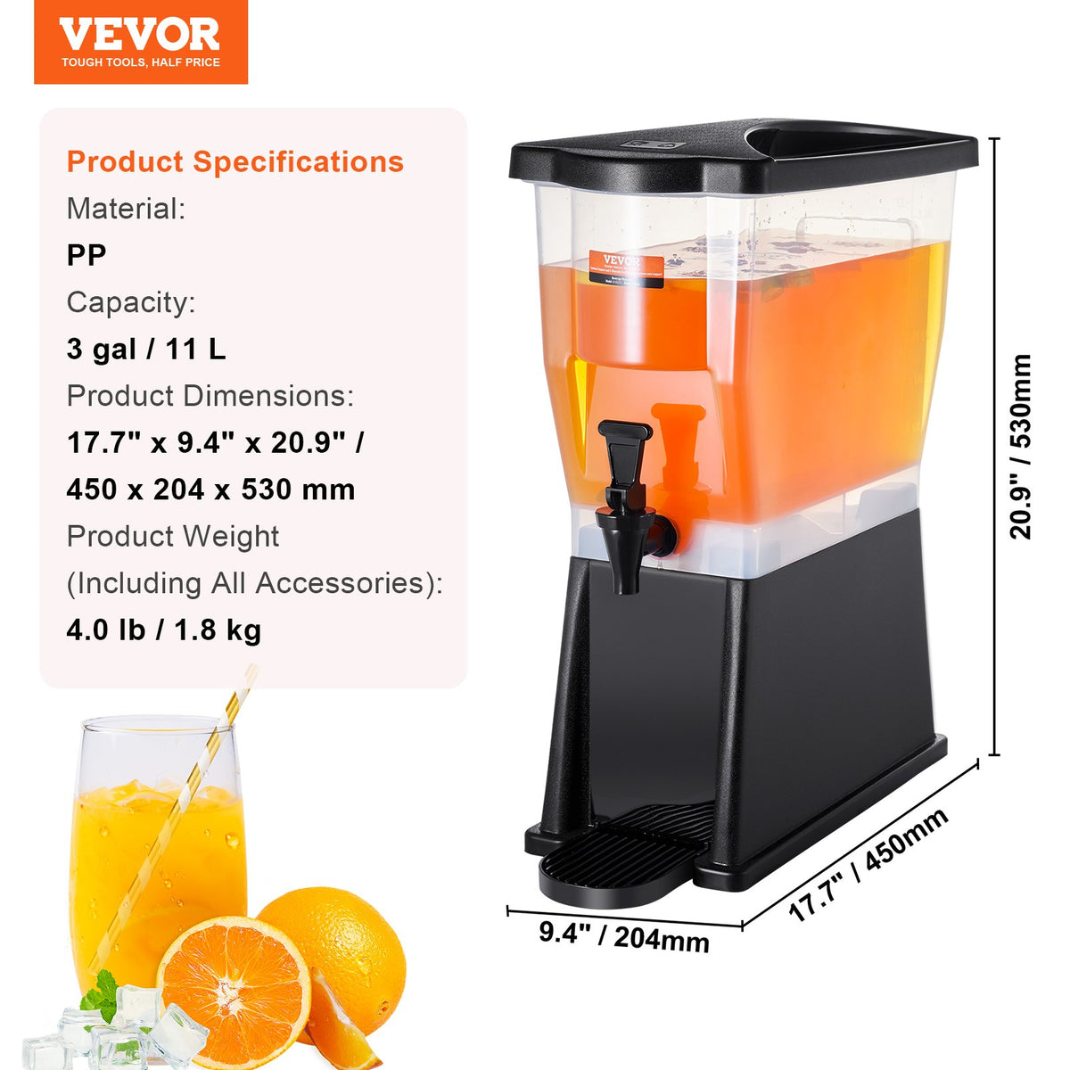 VEVOR plastic beverage dispenser 11.4 l with stand, tap and lid