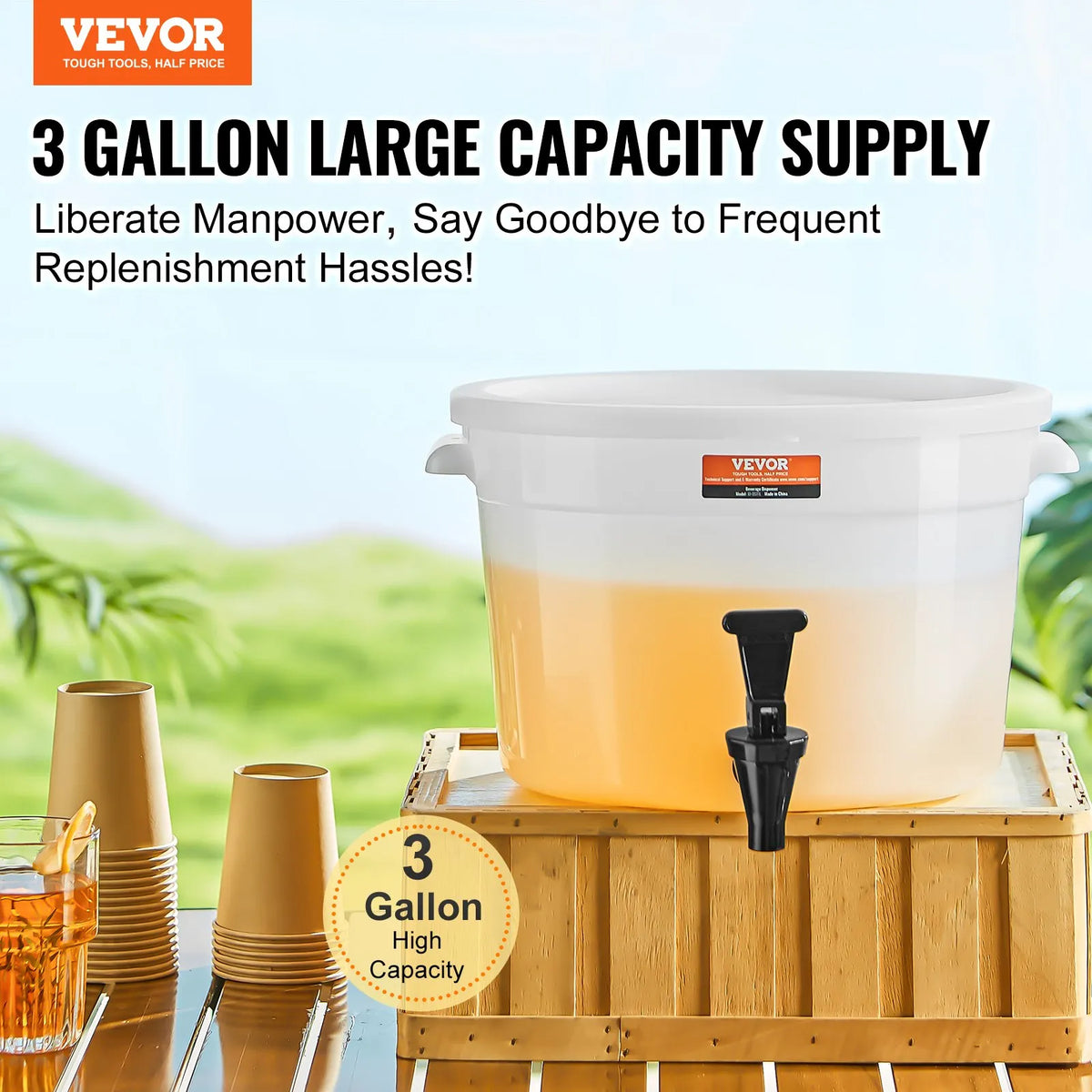 VEVOR plastic beverage dispenser 11.4 l with tap and lid, for iced tea, lemonade and water