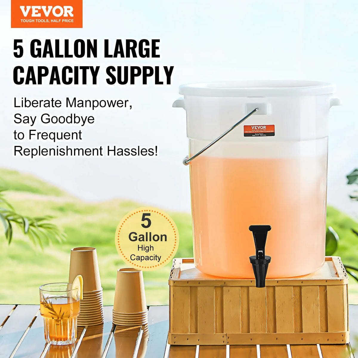 VEVOR plastic beverage dispenser 18.9 l with tap and lid, for tea, lemonade and water