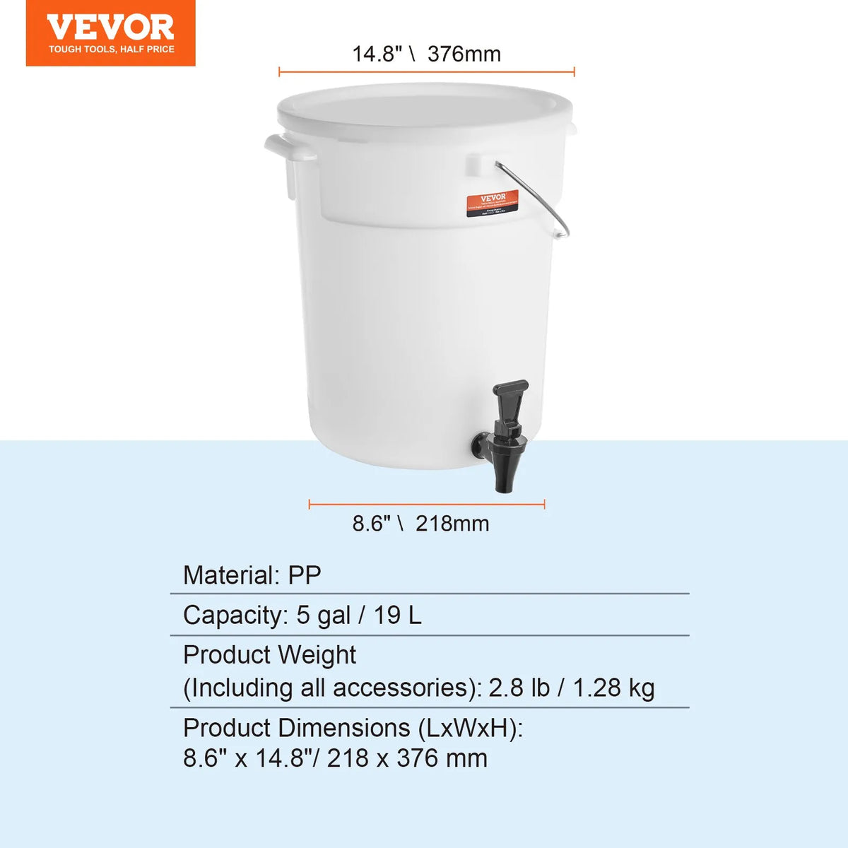 VEVOR plastic beverage dispenser 18.9 l with tap and lid, for tea, lemonade and water