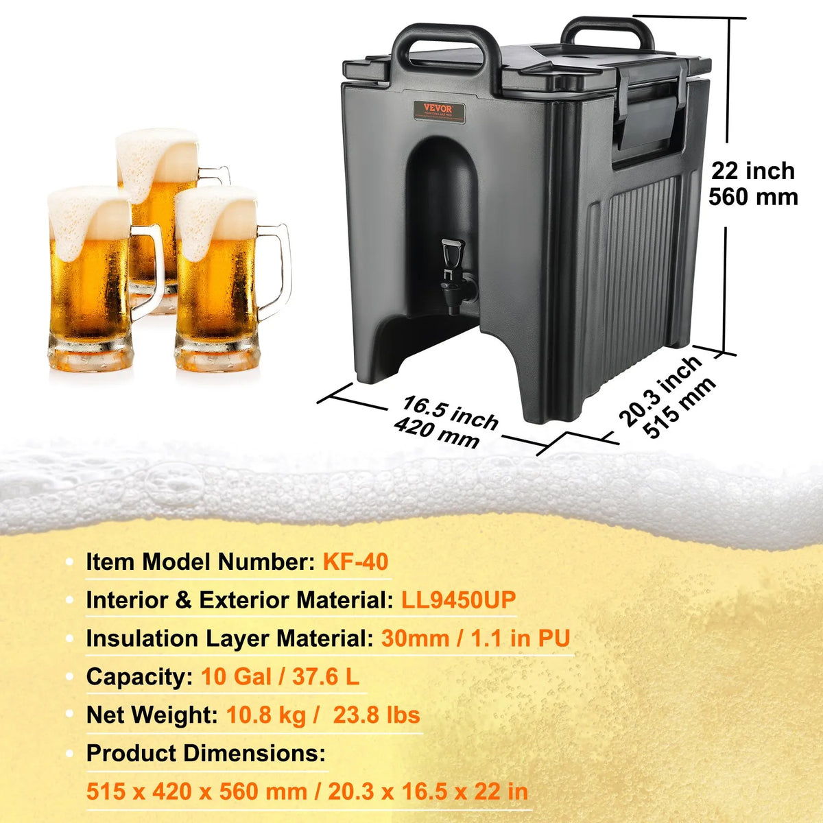VEVOR Insulated Beverage Dispenser 37.9 L with 3 cm PU Insulation and Two-Tier Tap, for Hot and Cold Drinks