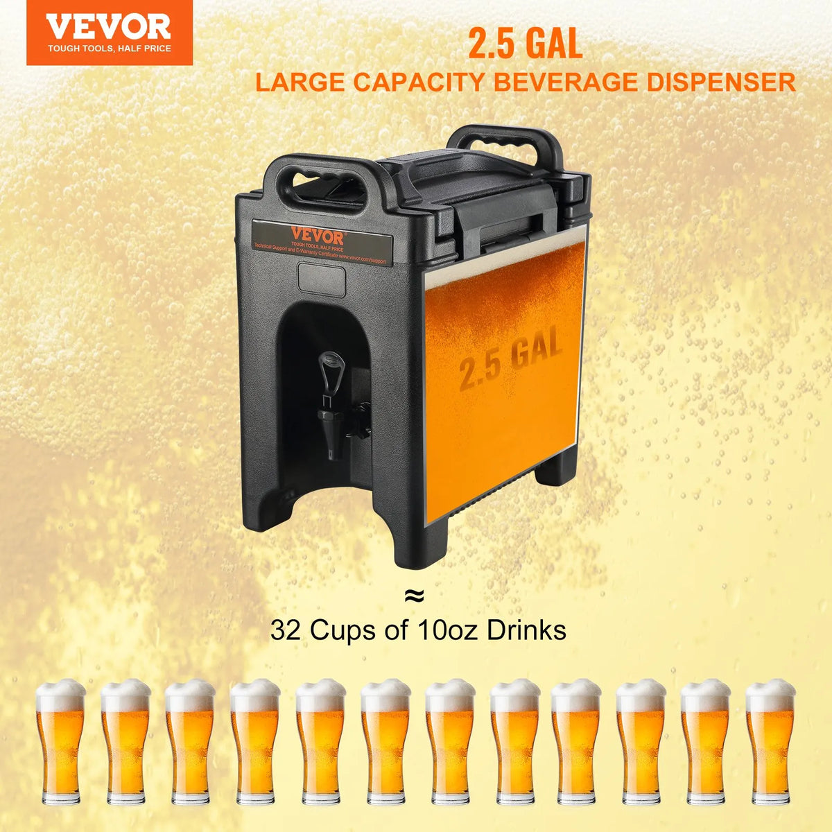 VEVOR Insulated Beverage Dispenser 9.5 l, LDPE with 23 mm PU Insulation and Two-Tap Valve