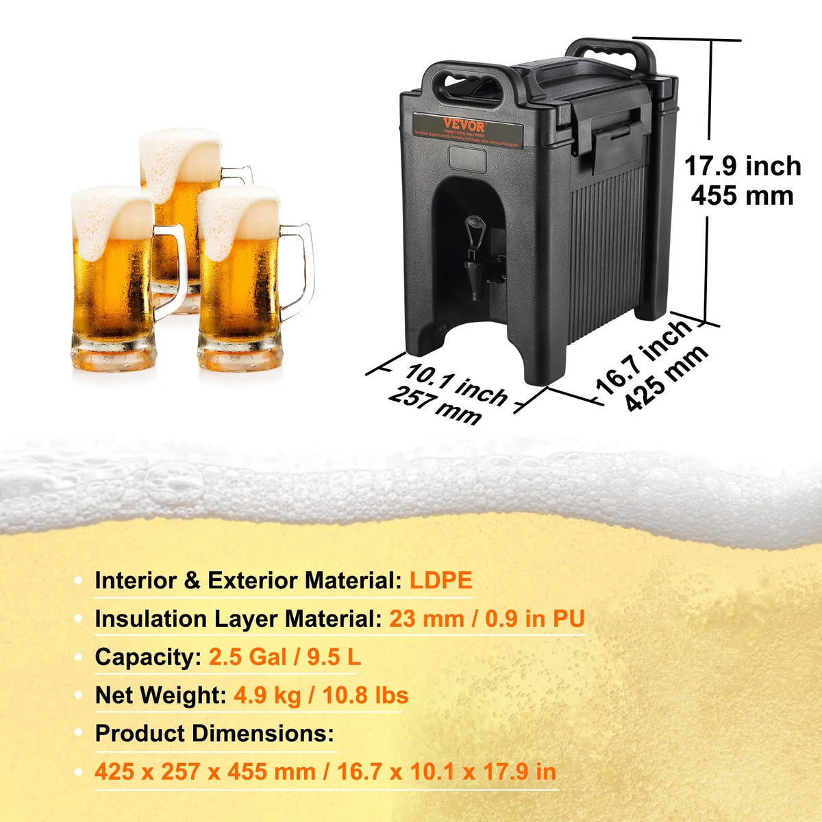 VEVOR Insulated Beverage Dispenser 9.5 l, LDPE with 23 mm PU Insulation and Two-Tap Valve