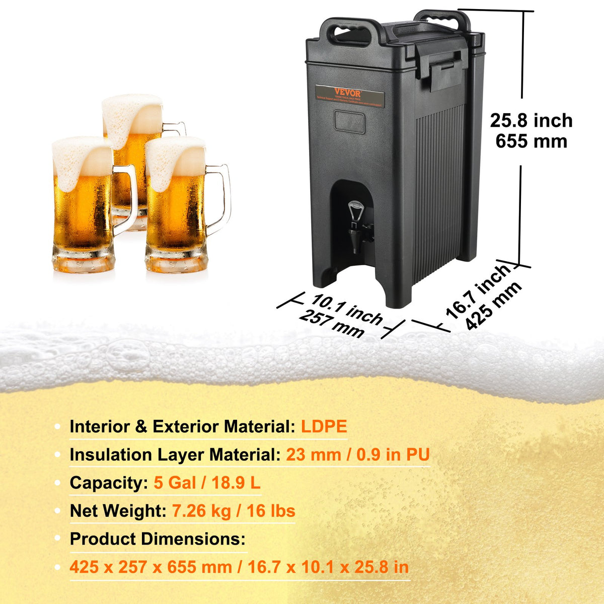VEVOR Insulated Beverage Dispenser 19 l, LDPE with PU Insulation and Two-Tap System, for Hot and Cold Drinks
