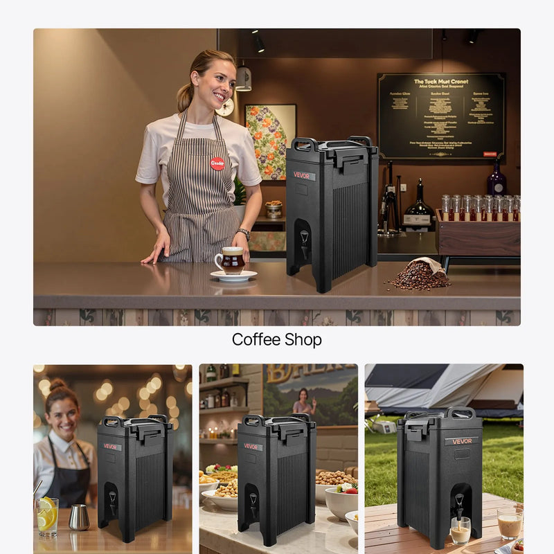 Izolēts dzērienu dozators 19 l, karsto un auksto dzērienu tvertne ar krānu un rokturi, pārtikas kvalitātes termoss tējai, kafijai un ūdenim kafejnīcās un restorānos, 2 gab., melns