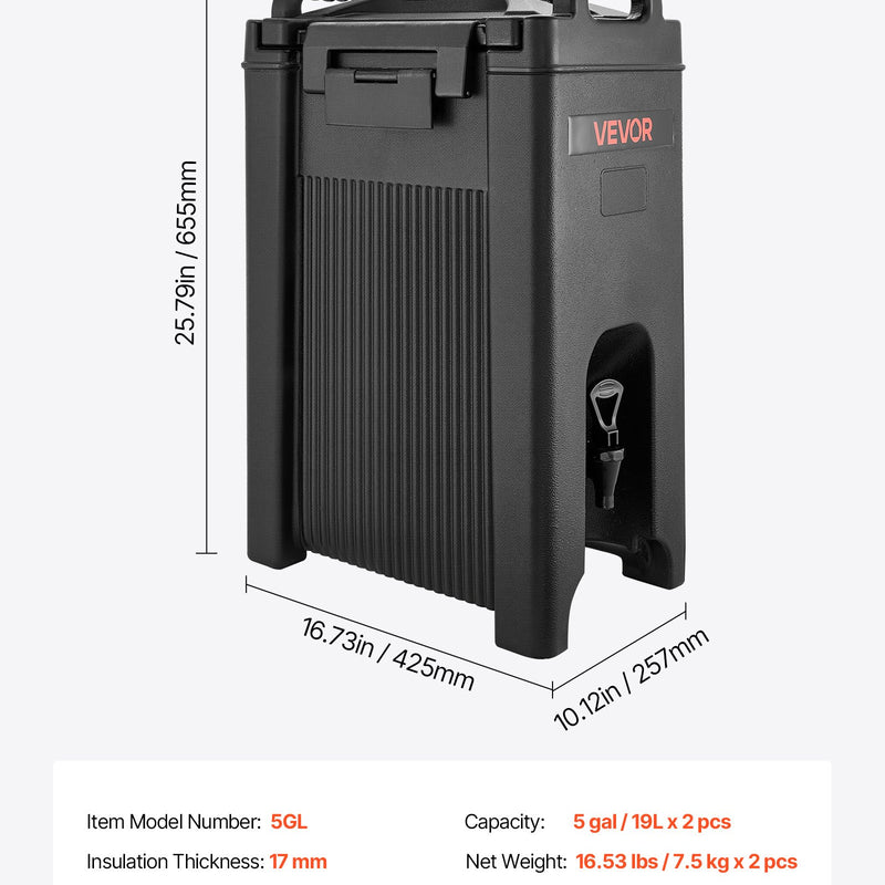 Izolēts dzērienu dozators 19 l, karsto un auksto dzērienu tvertne ar krānu un rokturi, pārtikas kvalitātes termoss tējai, kafijai un ūdenim kafejnīcās un restorānos, 2 gab., melns