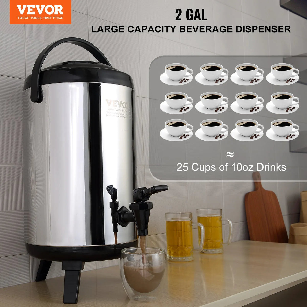 VEVOR Thermal Beverage Dispenser 7.6 L with Tap, Stainless Steel, Hot and Cold Drinks