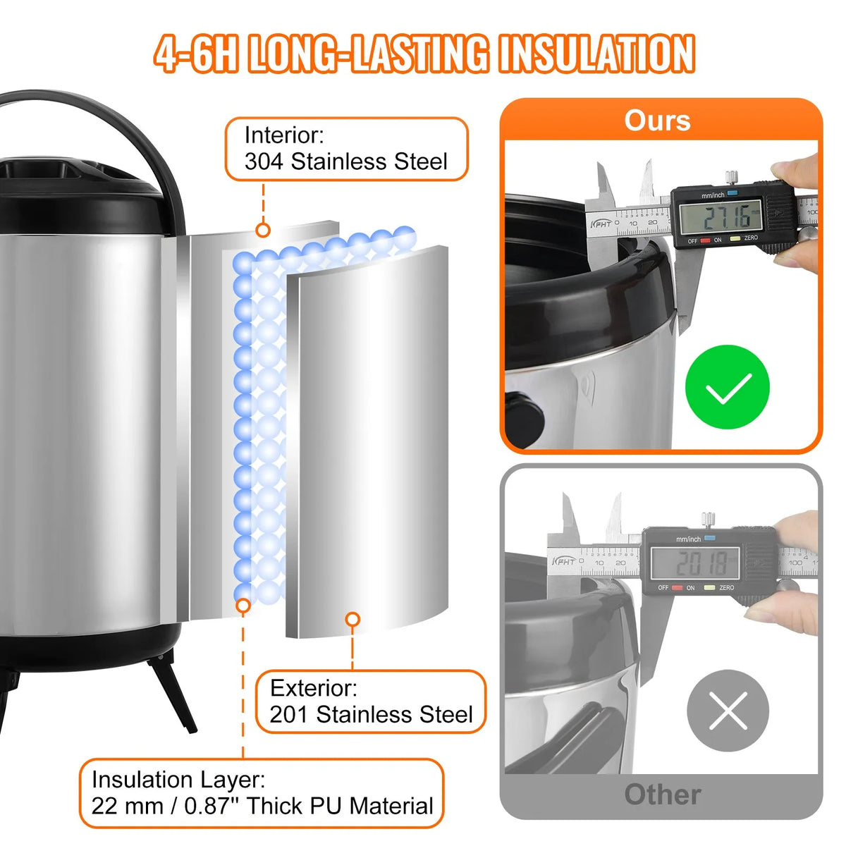 VEVOR Thermal Beverage Dispenser 7.6 L with Tap, Stainless Steel, Hot and Cold Drinks