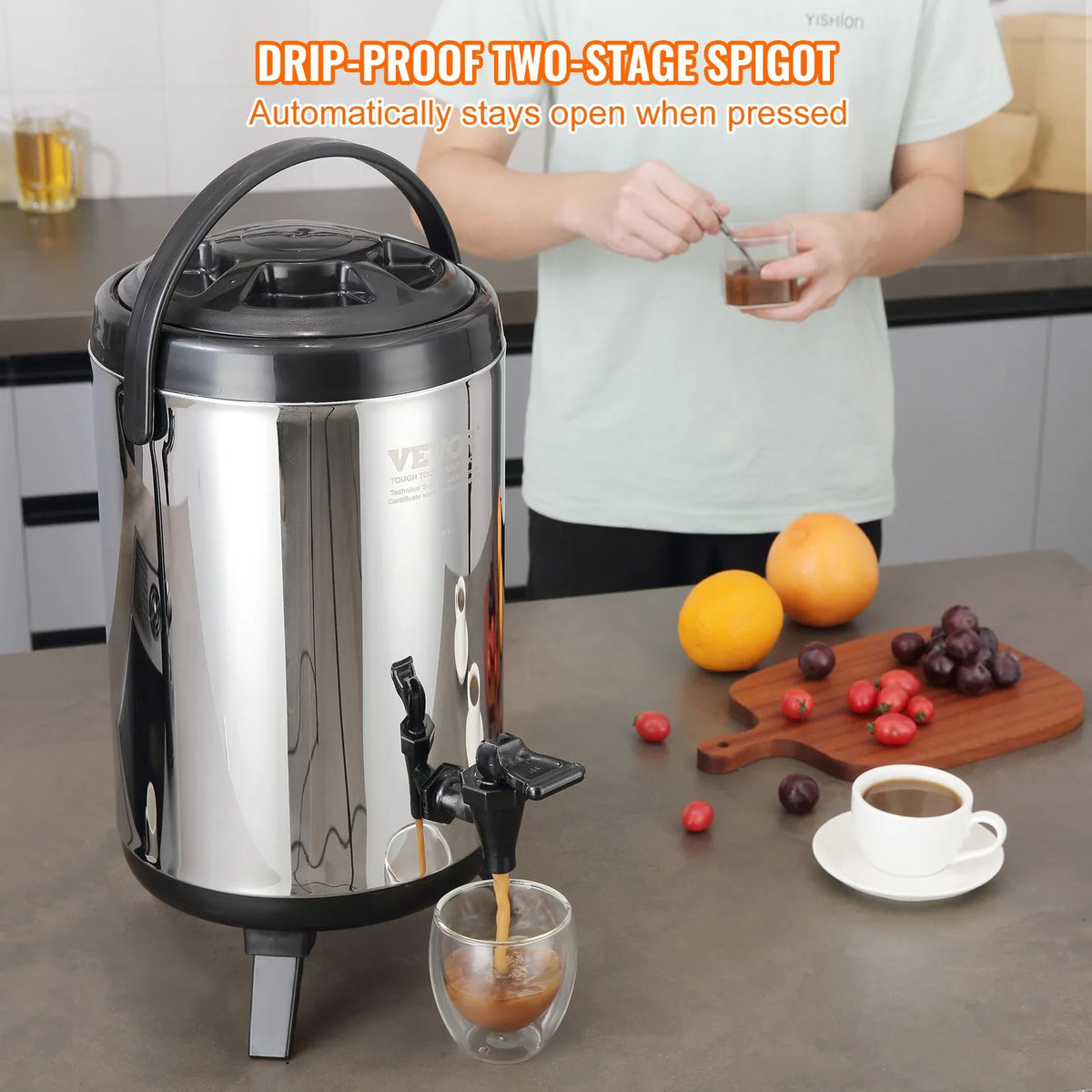 VEVOR Thermal Beverage Dispenser 7.6 L with Tap, Stainless Steel, Hot and Cold Drinks