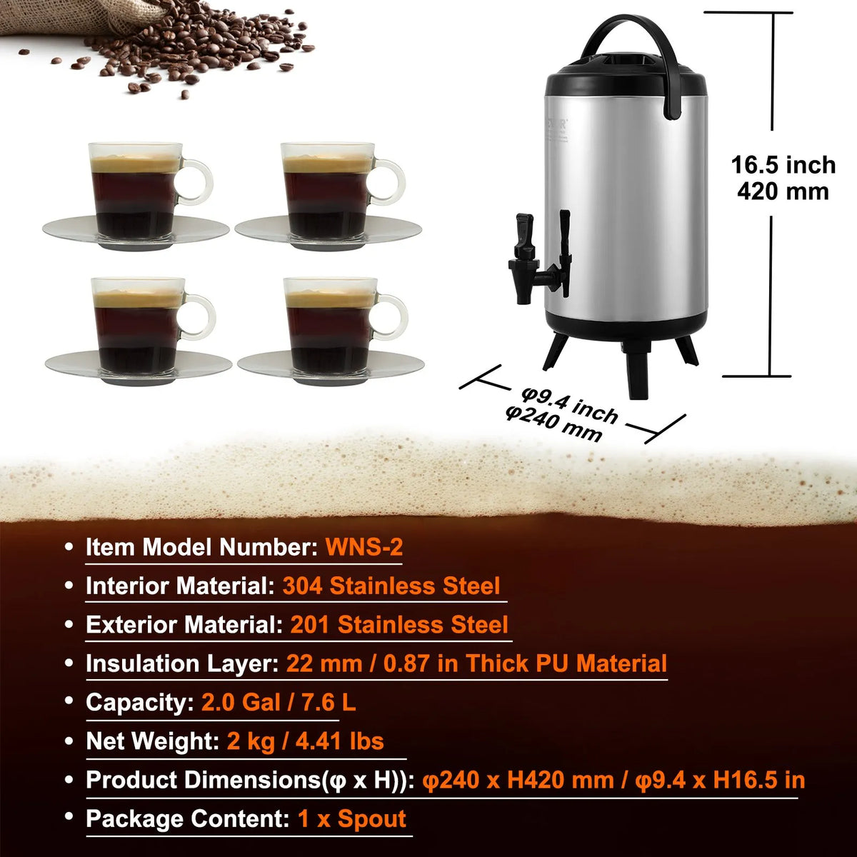 VEVOR Thermal Beverage Dispenser 7.6 L with Tap, Stainless Steel, Hot and Cold Drinks