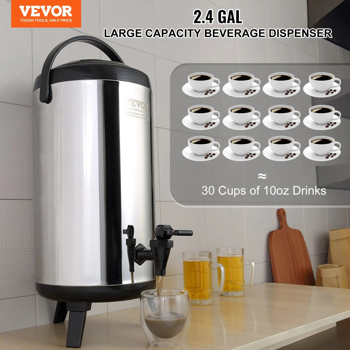 VEVOR Thermal Beverage Dispenser 9.2 l with Tap, Stainless Steel, Hot and Cold Drinks