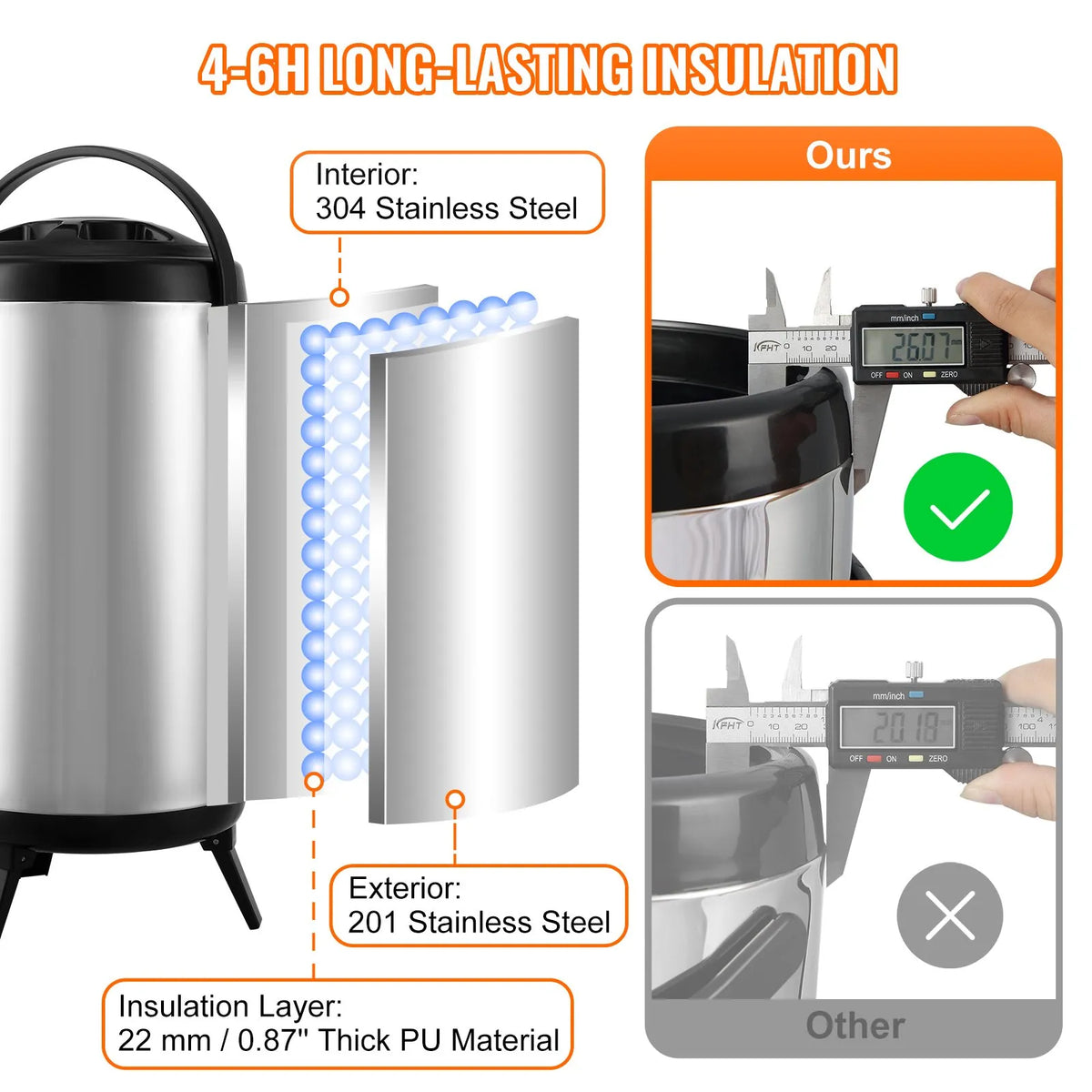 VEVOR Thermal Beverage Dispenser 9.2 l with Tap, Stainless Steel, Hot and Cold Drinks