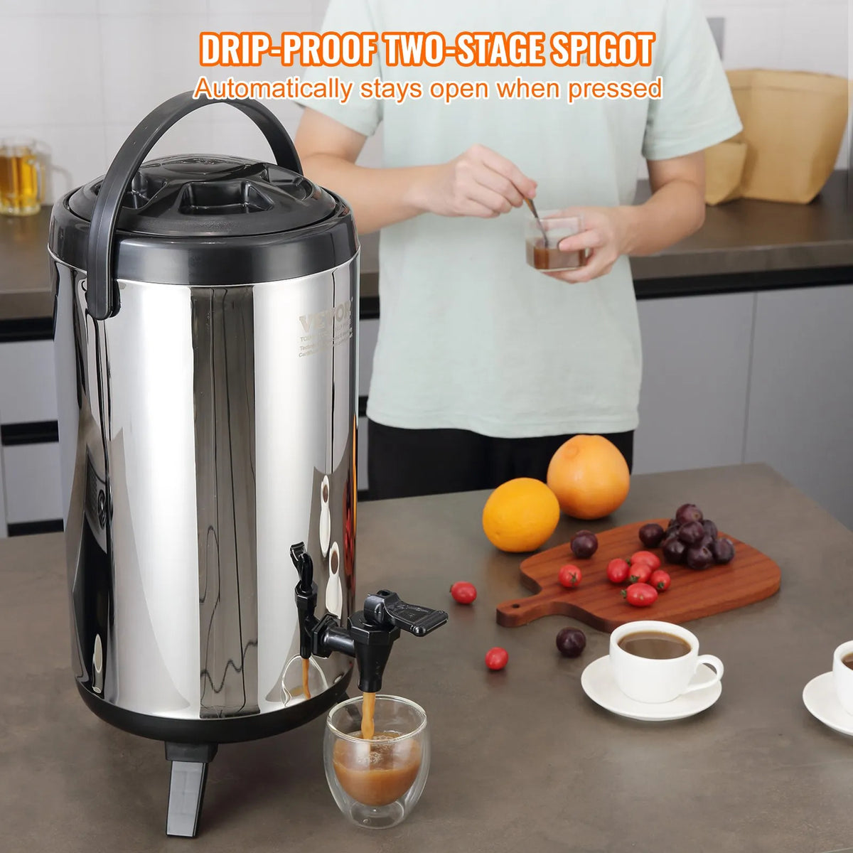VEVOR Thermal Beverage Dispenser 9.2 l with Tap, Stainless Steel, Hot and Cold Drinks