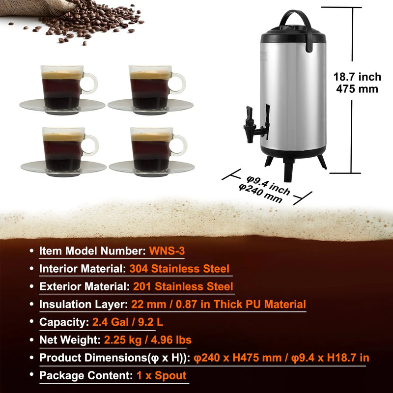 VEVOR nerūsējošā tērauda termo dzērienu dozators, 9,2 L izolēts karsto un auksto dzērienu trauks ar krānu, piemērots tējai, kafijai un ūdenim restorānos un dzērienu tirdzniecības vietās