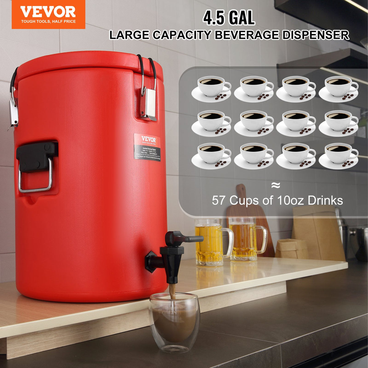 VEVOR Thermal Beverage Dispenser 17.2 l with Tap, Stainless Steel, Hot and Cold Drinks