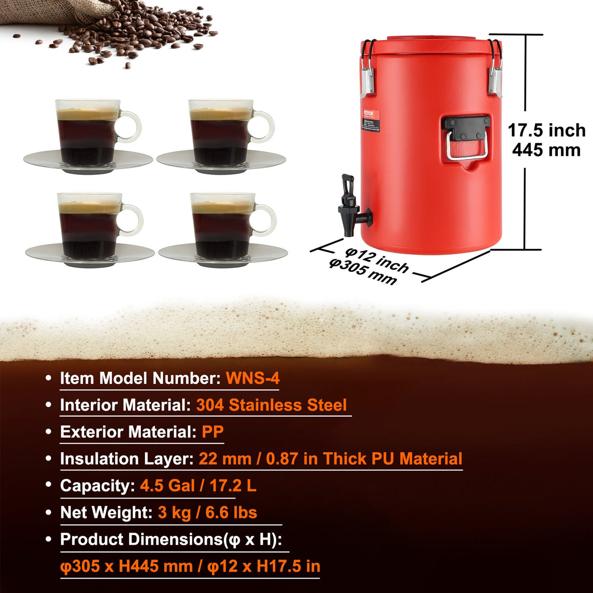 VEVOR Thermal Beverage Dispenser 17.2 l with Tap, Stainless Steel, Hot and Cold Drinks