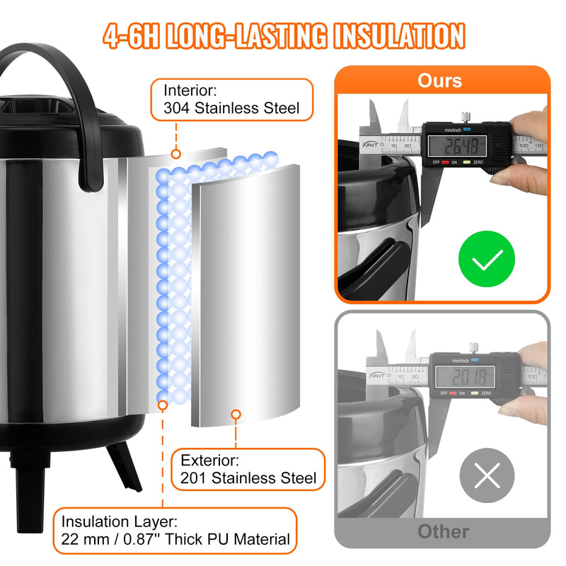 VEVOR Nerūsējošā Tērauda Izolēts Dzērienu Dispensers, 6 L, Karstajiem un Aukstajiem Dzērieniem ar Krānu