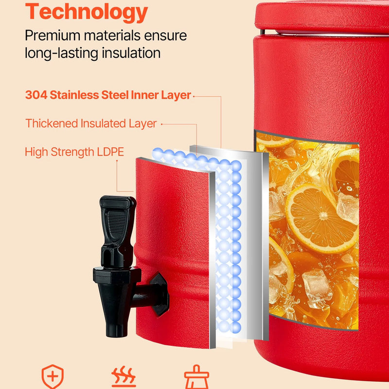 VEVOR izolētais dzērienu dozators, 11,4 L (3 gal) termo trauks karstiem un aukstiem dzērieniem ar krānu, pārtikas kvalitātes dzērienu konteiners ar 304 nerūsējošā tērauda iekšpusi, piemērots tējai, kafijai, restorāniem un āra pasākumiem